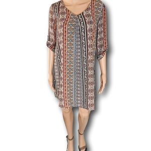 Pink Rose Pattern V Neck 3/4 Sleeve Dress